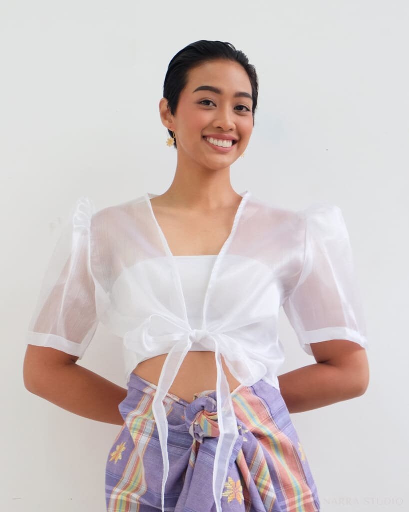 Pearl White Crop Organza Bolero Sheer Shiny Top Blouse Cover-Up See Through Terno Butterfly Sleeves Ribbon Bow Casual Modern Filipiniana