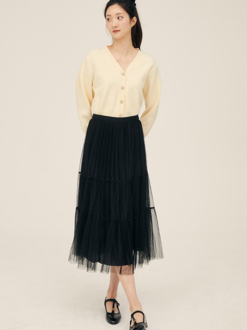 Pearl-decorated Sheer Pleated Tiered Skirt (GP3P0SKW11)