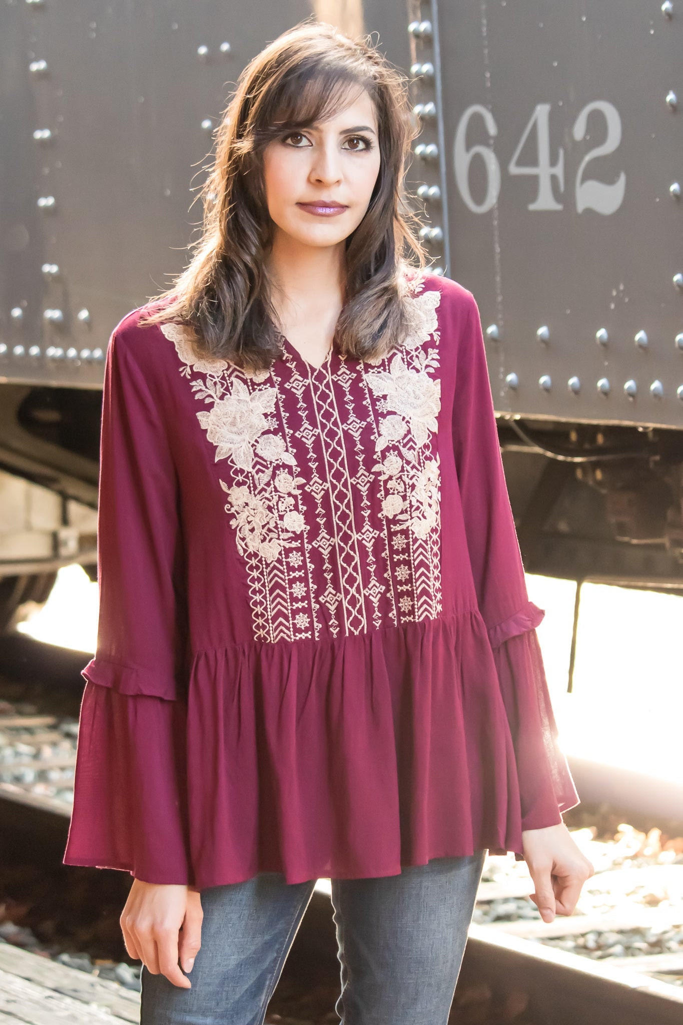 Peasant Top, Jewel Embroidered Peplum Boho Blouse, Burgundy Top, Holiday Top