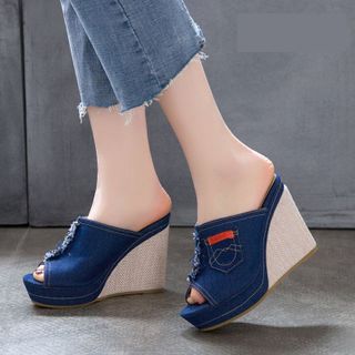 Peep-Toe Wedge-Heel Denim Slide Sandals