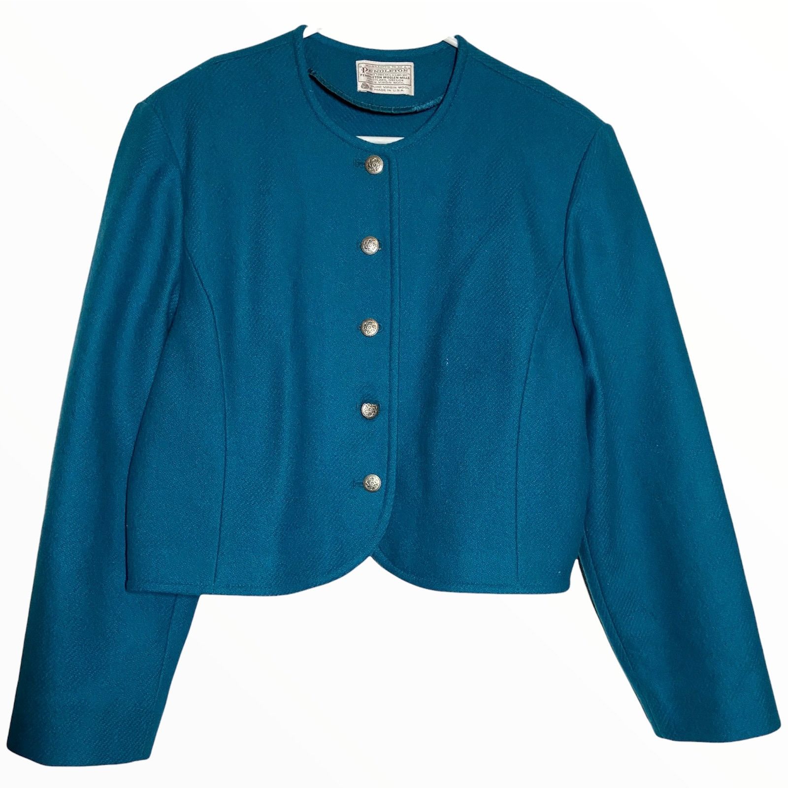 Pendleton Vintage 1950S 100% Virgin Wool Blazer Cropped Teal in Blue, Women's (Size Medium)