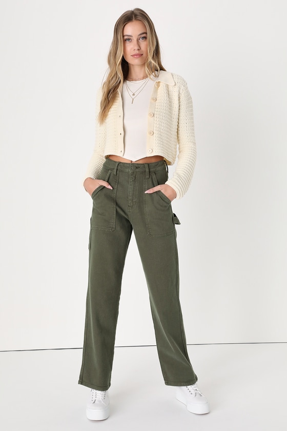 Perfect Idea Olive Green High Rise Slim Leg Carpenter Jeans