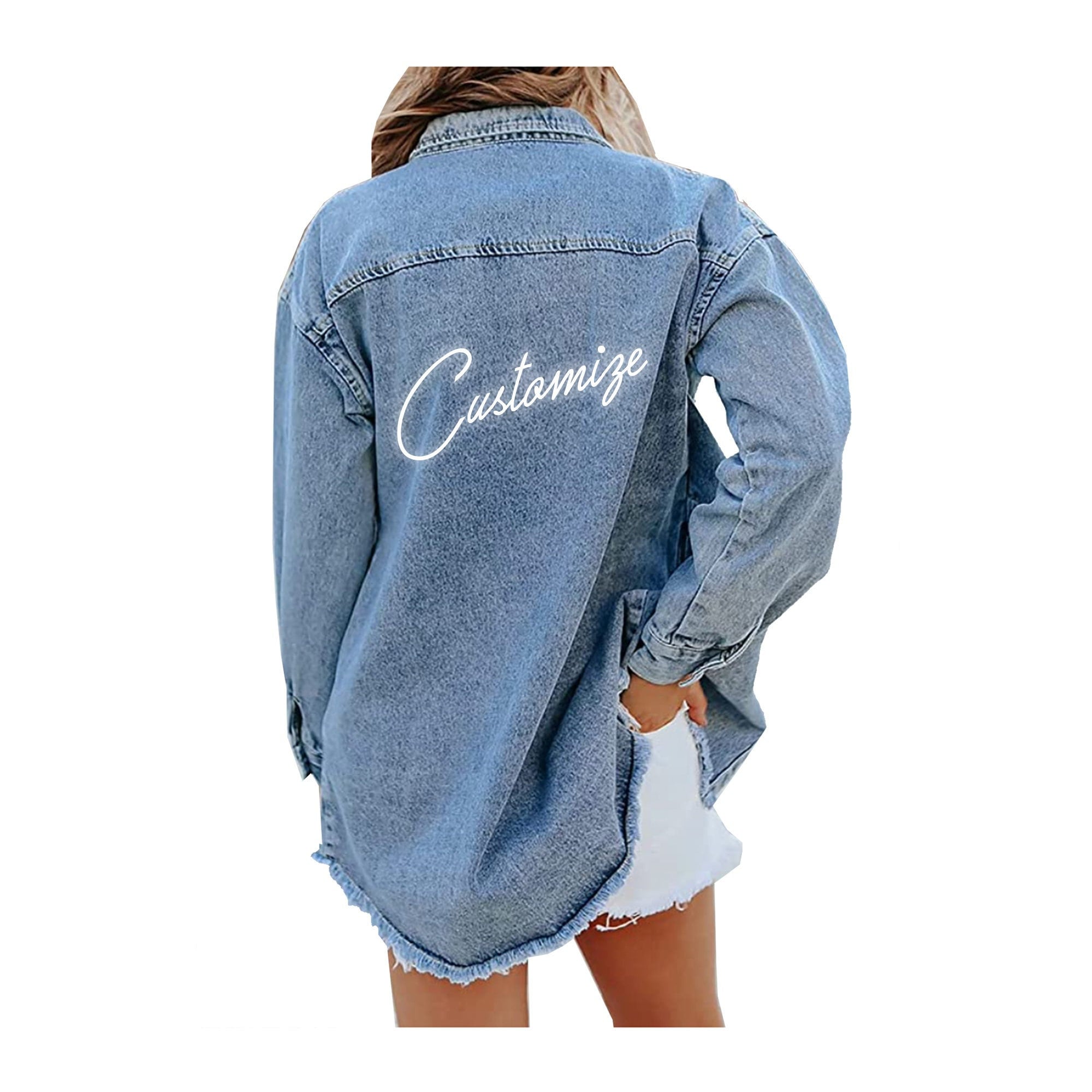 Personalized Blue Denim Shirt Jacket, Wedding Business Logo Apparel Employees, Customized Gift For Her, Bachelorette Party Shackets