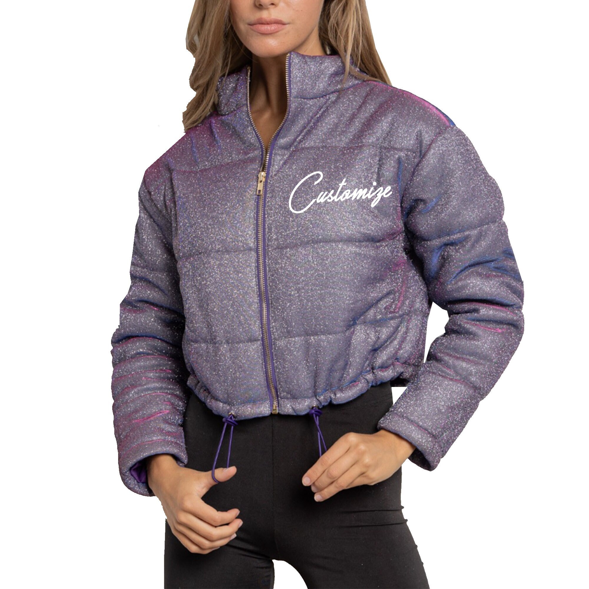 Personalized Purple Sparkle Glitter Bomber Jacket, Monogram Shiny Sparkly Crop Puffer Jacket With Drawstring, Iridescent Padded