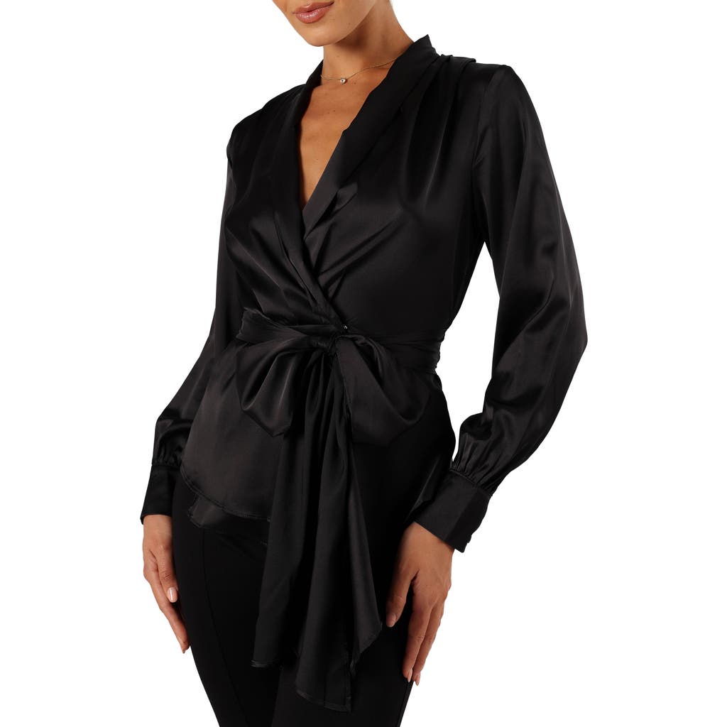 Petal & Pup Aydin Satin Wrap Top in Black at Nordstrom, Size Large