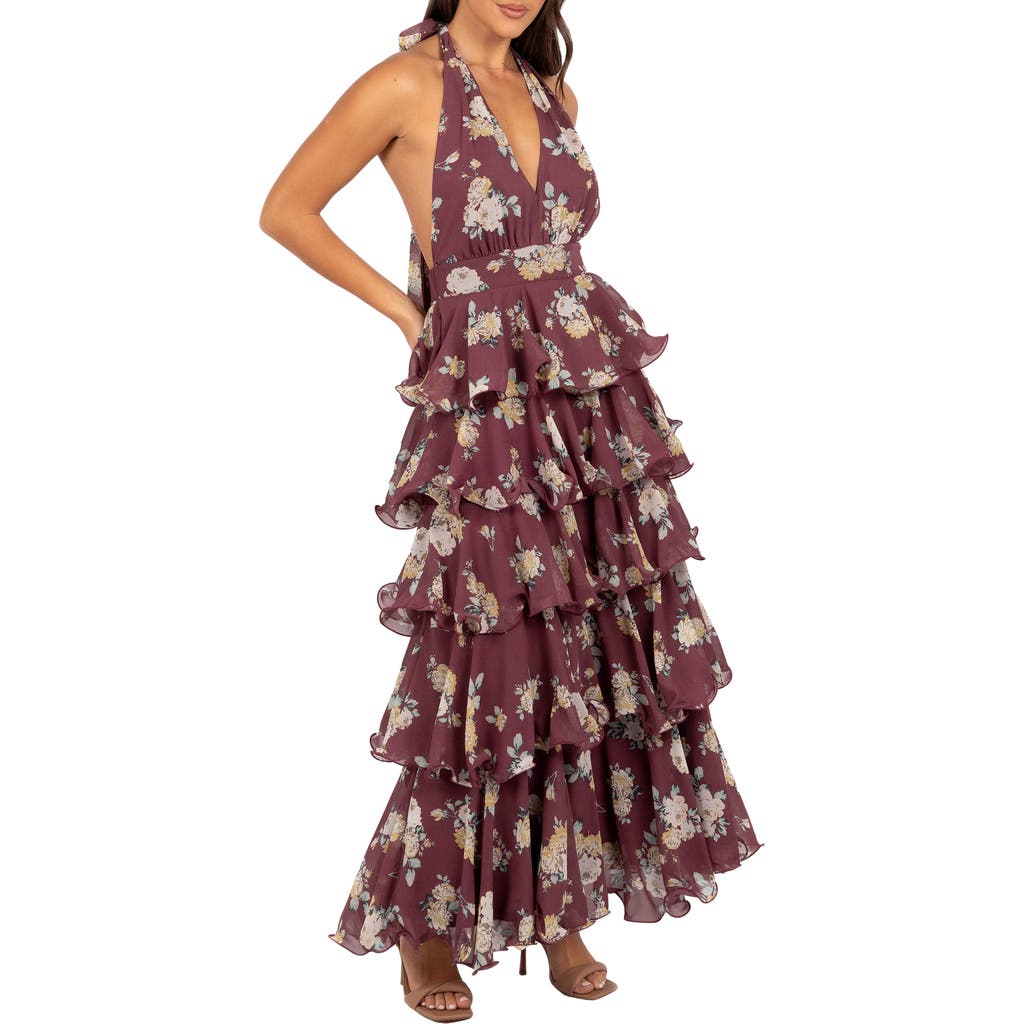 Petal & Pup Kendall Tiered Halter Neck Maxi Dress in Dark Wine at Nordstrom, Size X-Small