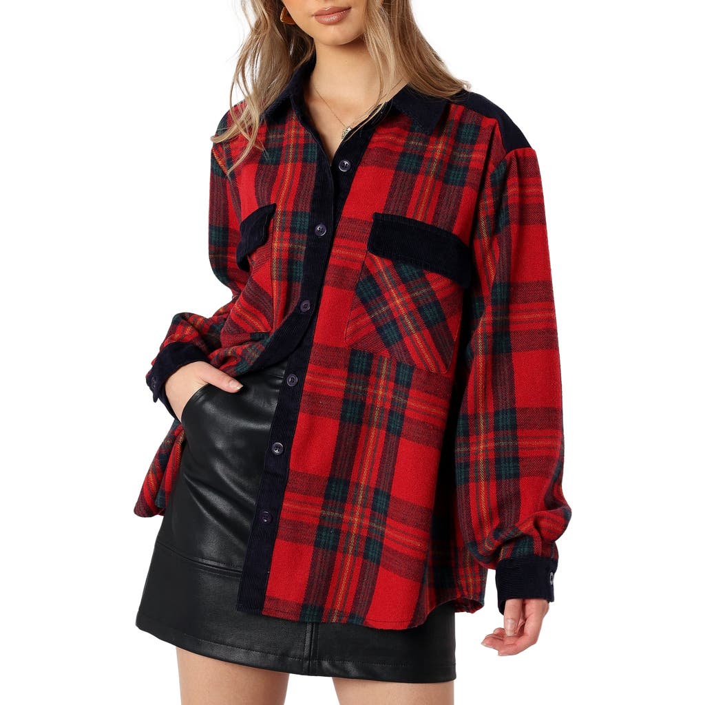 Petal & Pup Lucille Corduroy Trim Plaid Shacket in Red/Navy at Nordstrom, Size X-Large