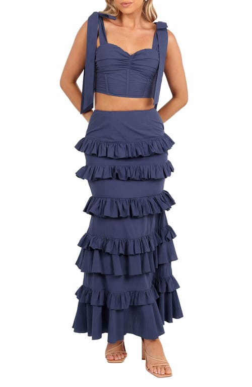 Petal & Pup Tia Crop Corset Top & High Waist Maxi Skirt Set in Navy at Nordstrom, Size Small