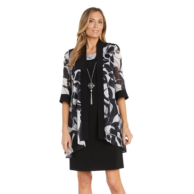 Petite R&M Richards Abstract Floral Print Chiffon Cardigan Jacket & A-Line Swing Dress with Detachable Necklace, Women's, Size: 4 Petite, Black White