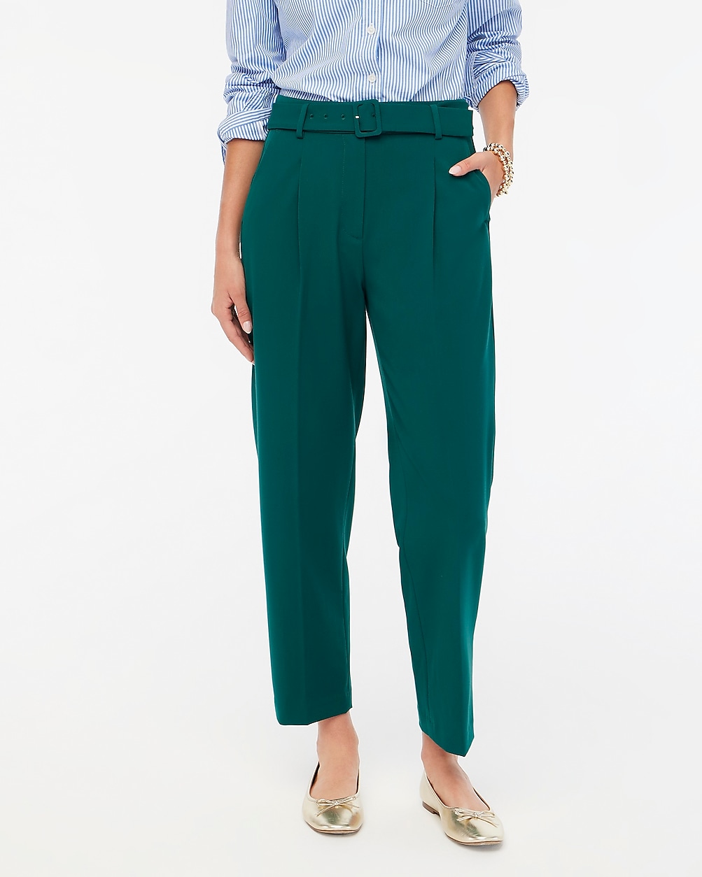 Petite belted straight-leg trouser pant