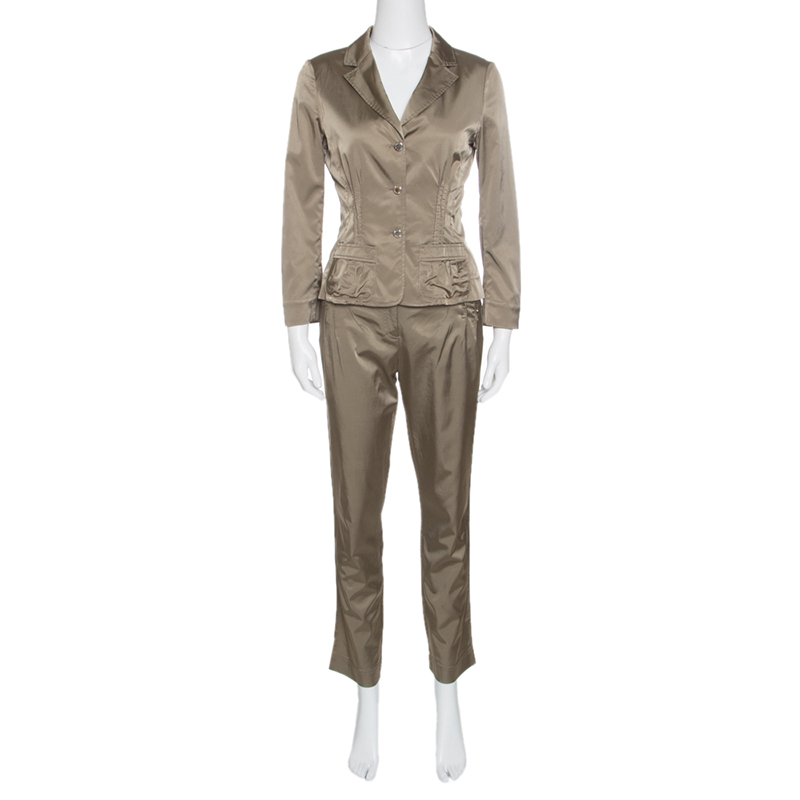 Philosophy di Alberta Ferretti Olive Green Satin Blazer and Trouser Set M