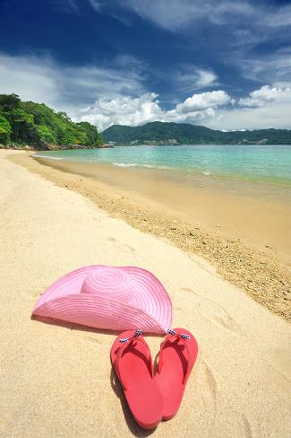 Photographic Print: Beautiful Beach Landscape with Hat and Flip-Flops in Thailand by haveseen: 24x16in