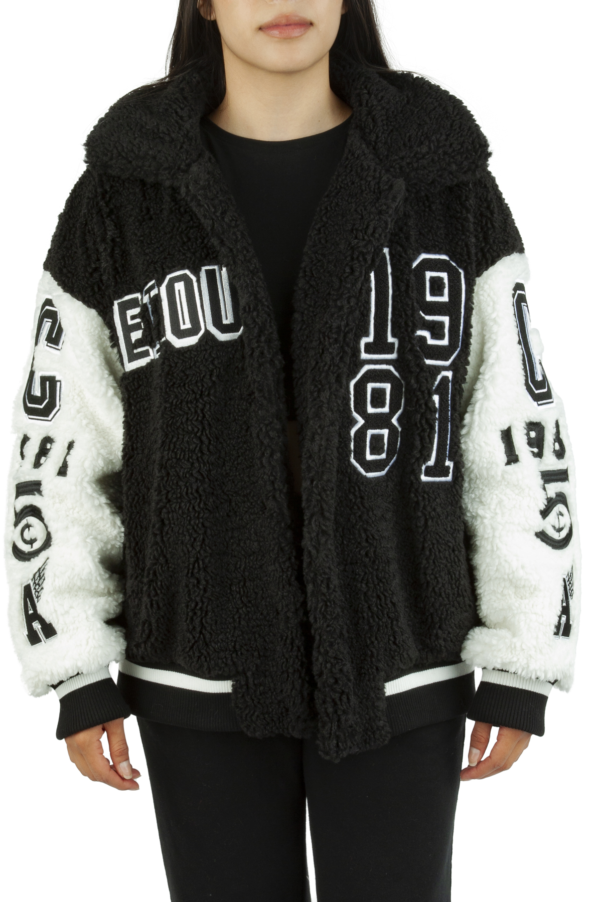 Pick A Vowel Oversized Teddy Varsity Jacket