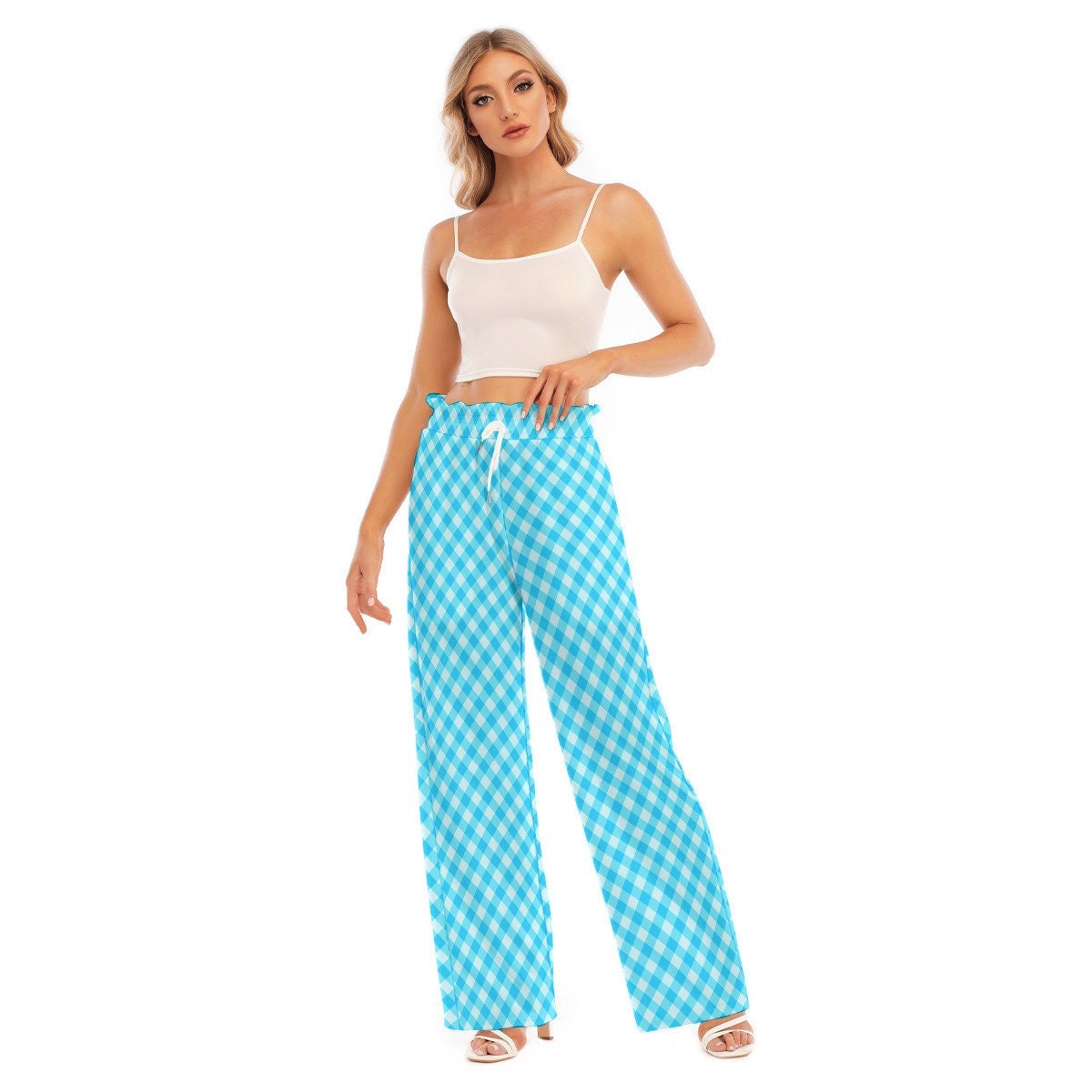 Picnic Sky Blue | Plaid Pattern Print Women's Waist Fungus Edge Wide-Leg Pants