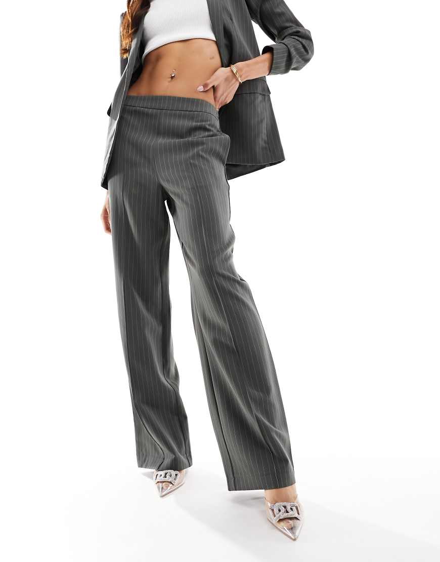 Pieces wide leg tailored pants in charcoal pinstripe - part of a set-Gray