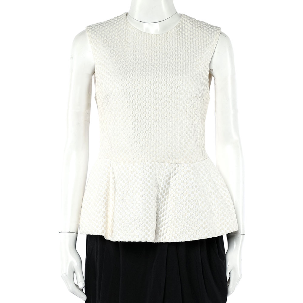 Pierre Balmain Cream Embroidered Cotton Peplum Top M