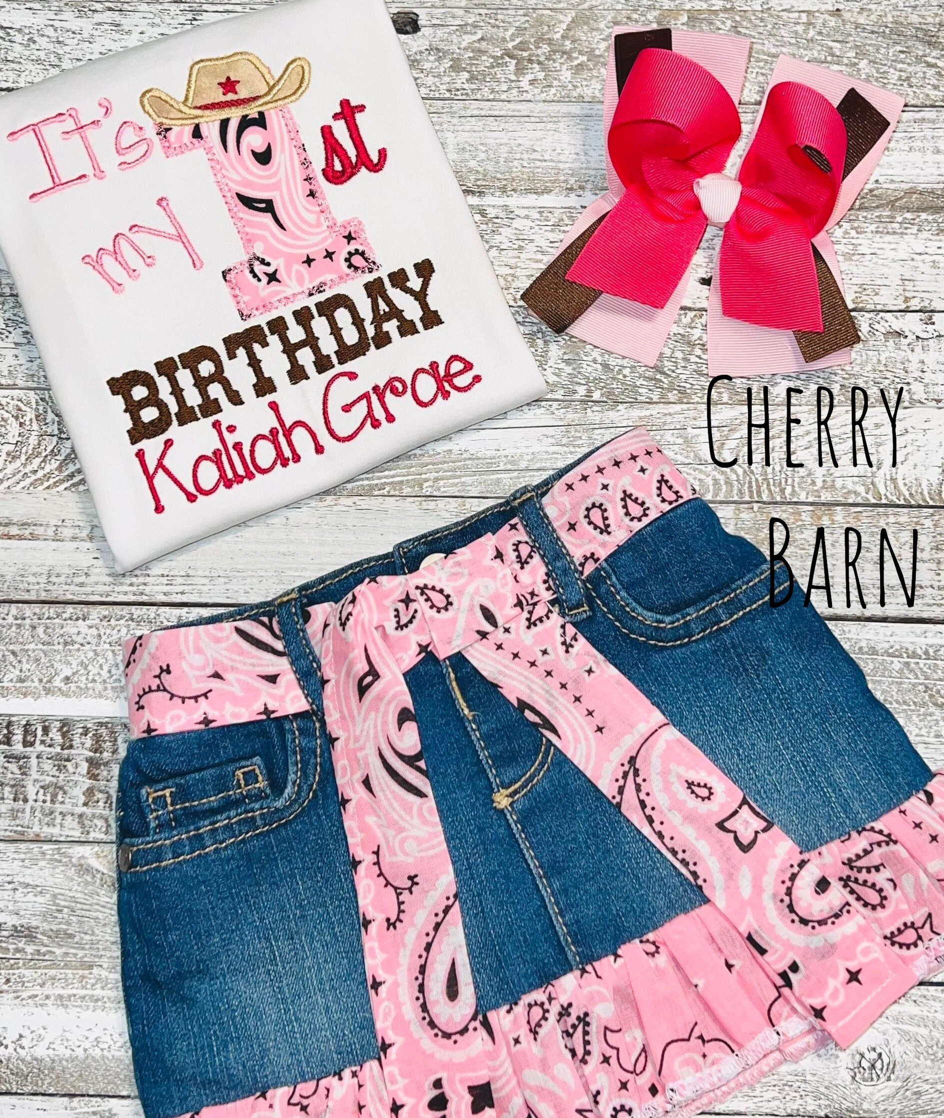 Pink Bandana Cowgirl Birthday Shirt/My 1st Western Or Outfit With Denim Jean Ruffled Pants Skirt - Free Shipping