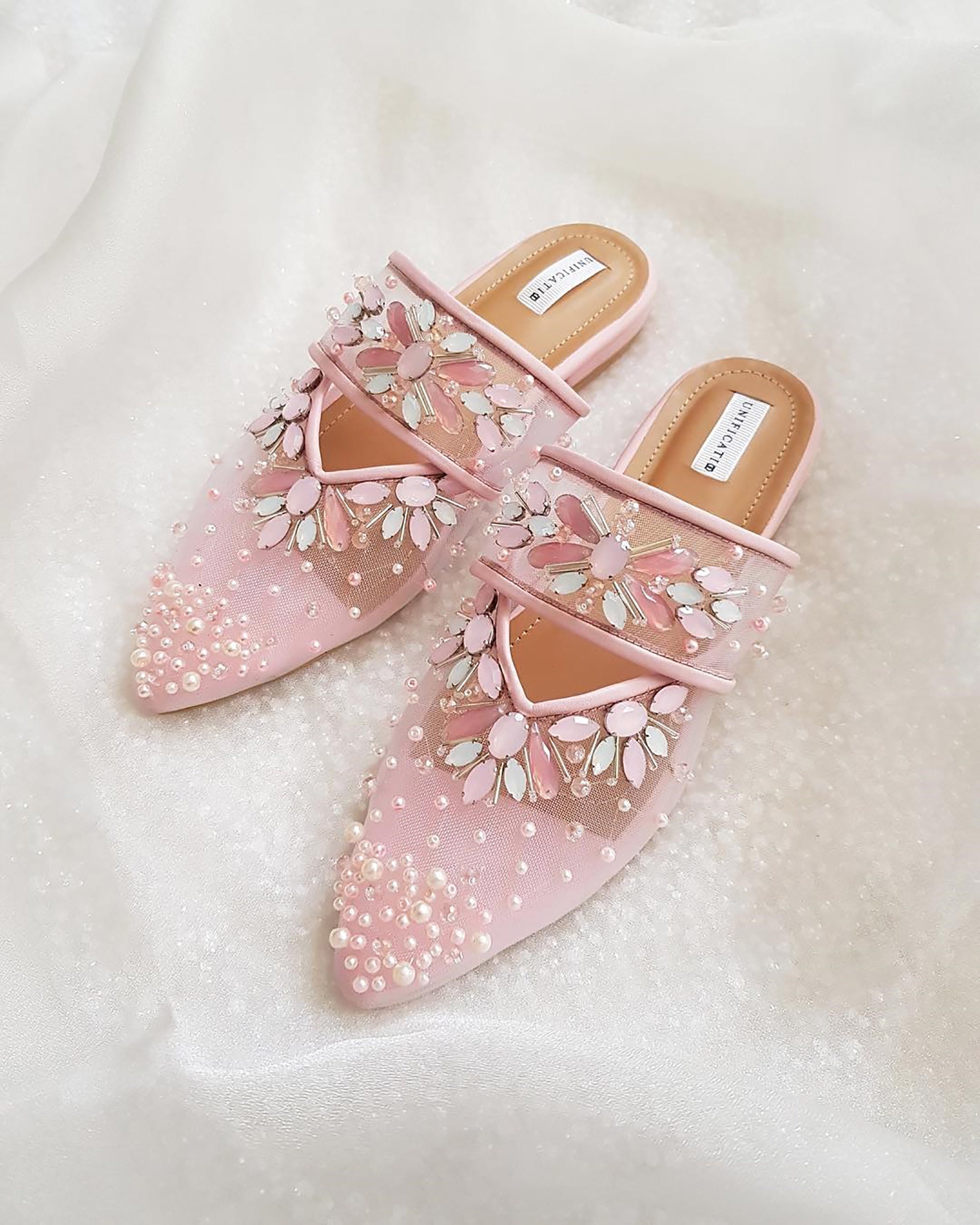 Pink Beaded Wedding Mules, Pretty Embroidery Bridal Sandals, Feminine Clog, Pearl Embellishment Flat Shoe, Custom Transparent Party Mule