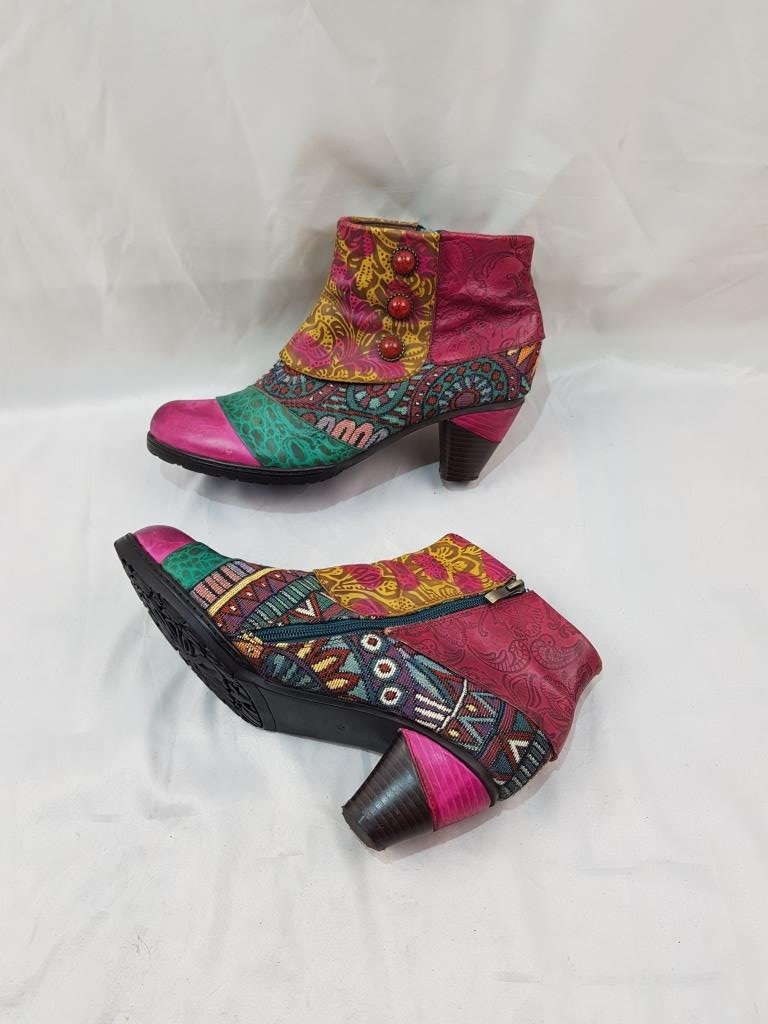 Pink Leather Patterned Ankle Boots Women, Y2K Fashion Vintage Bachelorette Party Boots, Shoes Embroidered Handmade Festival 90S