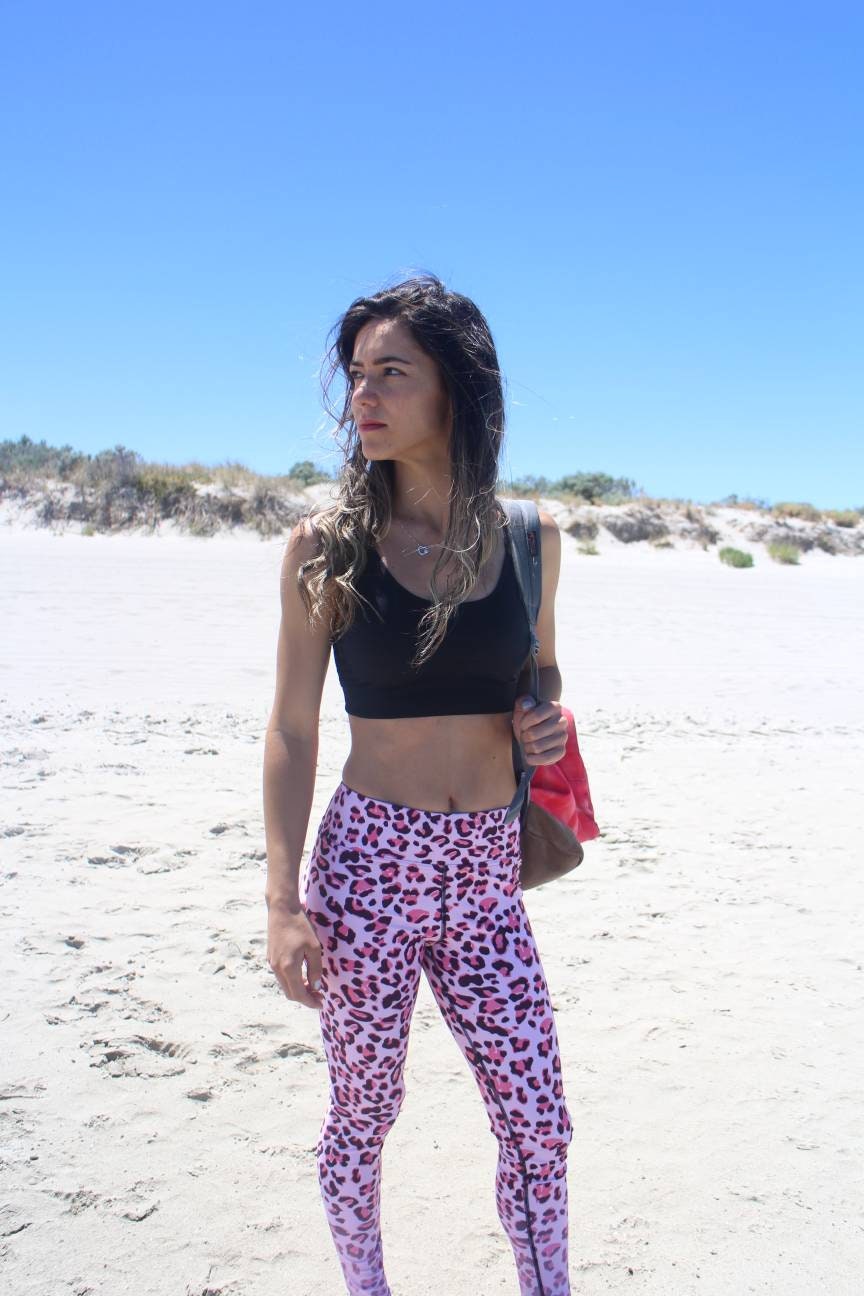 Pink Leopard Leggings, Optional Pockets Yoga Leggings, Workout Gym Patterned High Waist Pants, Activewear