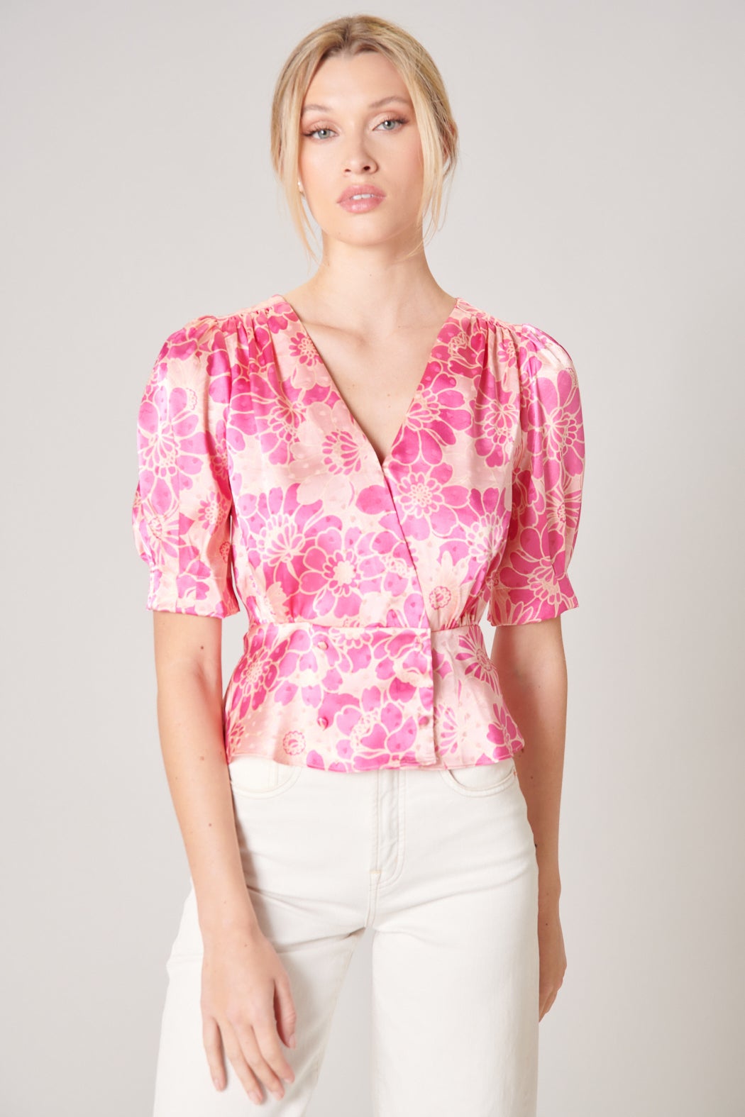 Pink Paradise Surplice Satin Peplum Top