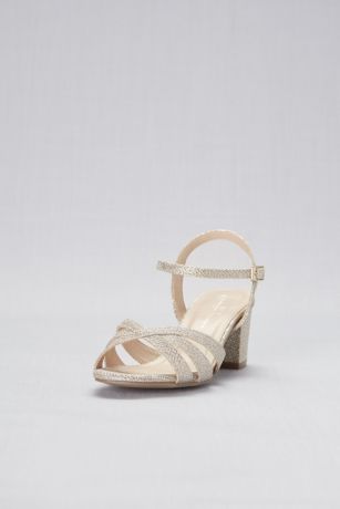 Pink Paradox Glitter Metallic Block Heel Wide Width Sandals in Champagne Size: 10W David's Bridal