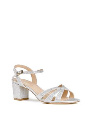 Pink Paradox Glitter Metallic Block Heel Wide Width Sandals in Silver Size: 6.5W David's Bridal