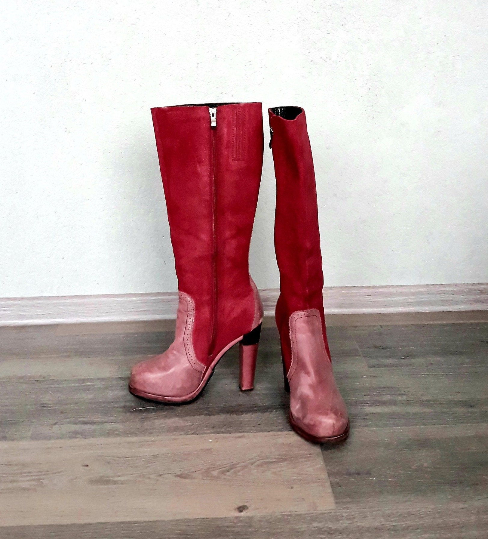 Pink & Red Leather Platform Knee Women Boots/Heeled Tall Boot 39 Eu Size European Brogue Footwear