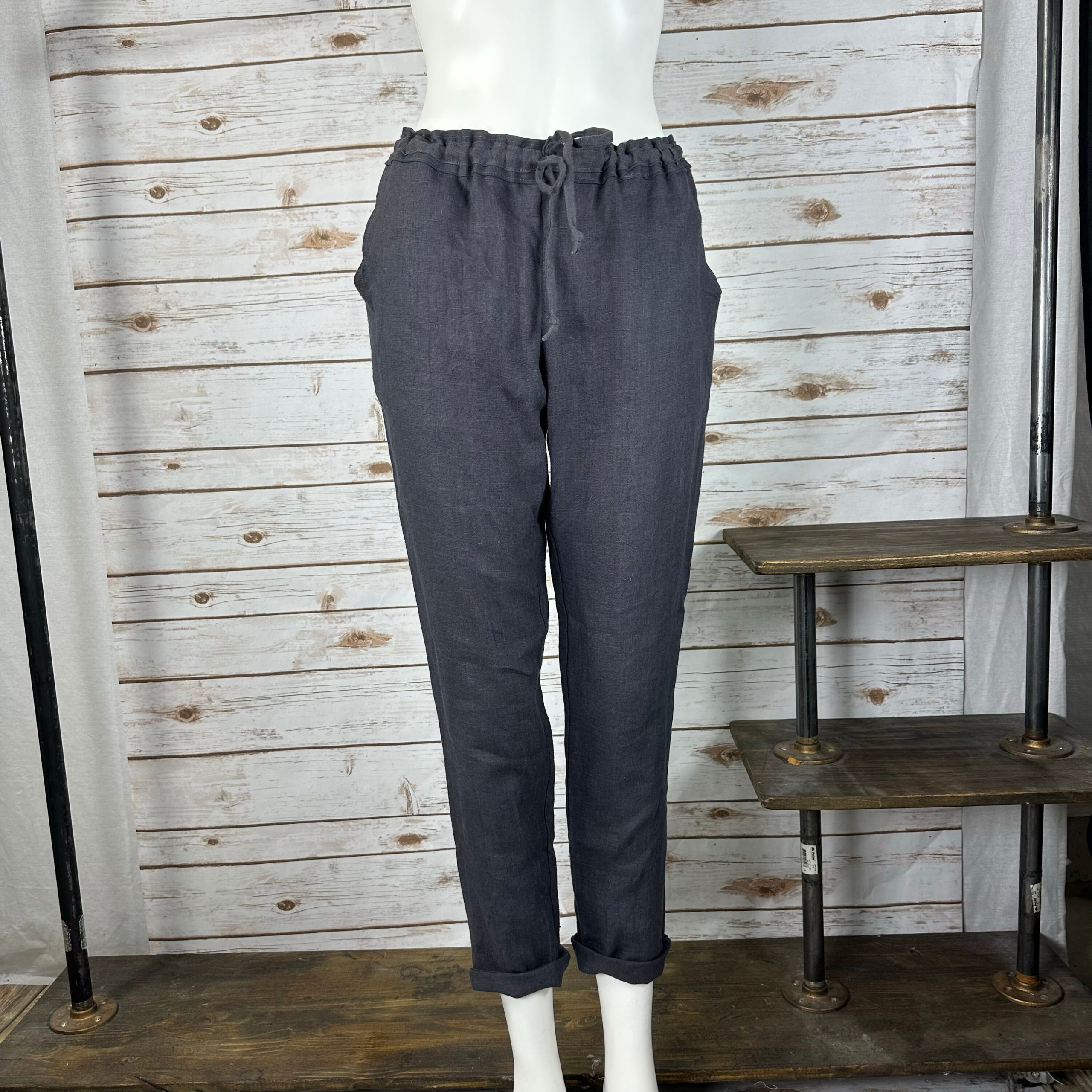 Pl2201/Size Xs/ Color Charcoal Gray /100%linen Everyday Pants/Pull-Up Pants/Only One/ Ready To Ship