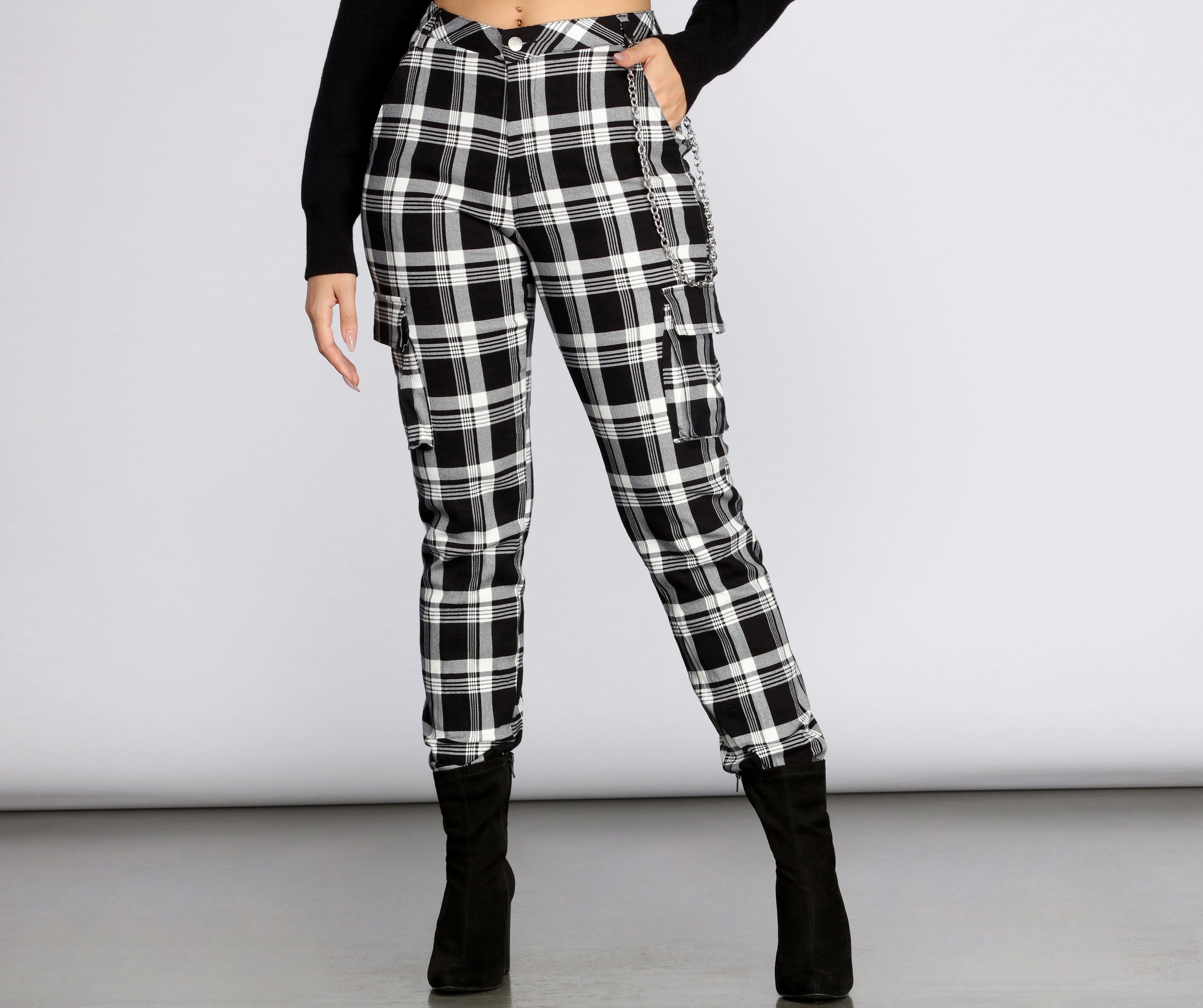 Plaid Chain Link Cargo Pants