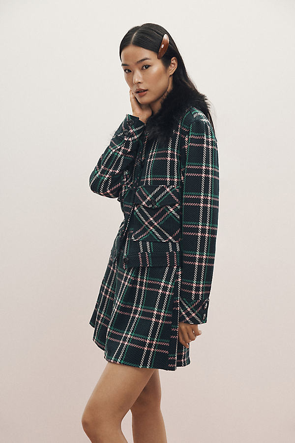 Plaid Crop Faux-Fur Collar Coat Jacket