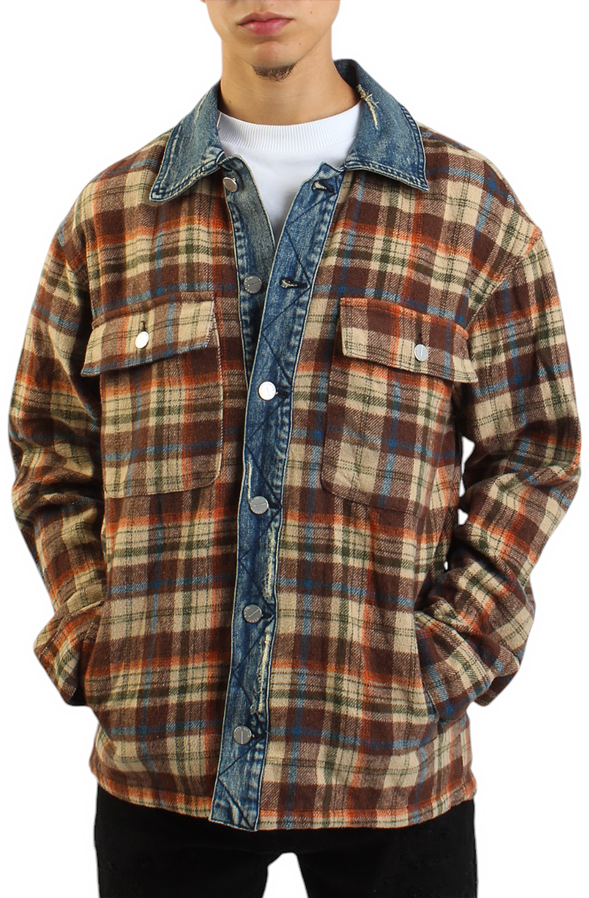 Plaid Denim Combo Shacket Beige/Blue