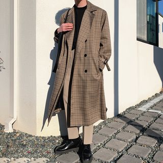 Plaid Double-Breasted Trench Coat