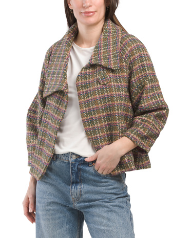 Plaid Jacket With Asymmetric Collar for Women | Polyester