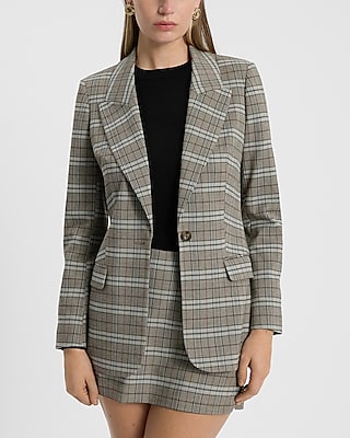 Plaid Long Slim Cropped Business Blazer