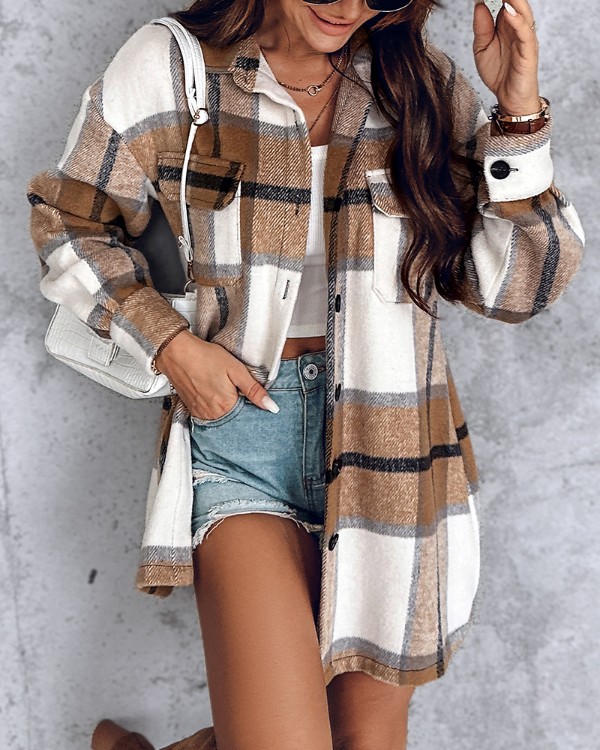 Plaid Pattern Casual Shacket Jacket Button Down Long Sleeve Shirt Fall Clothes Outfits