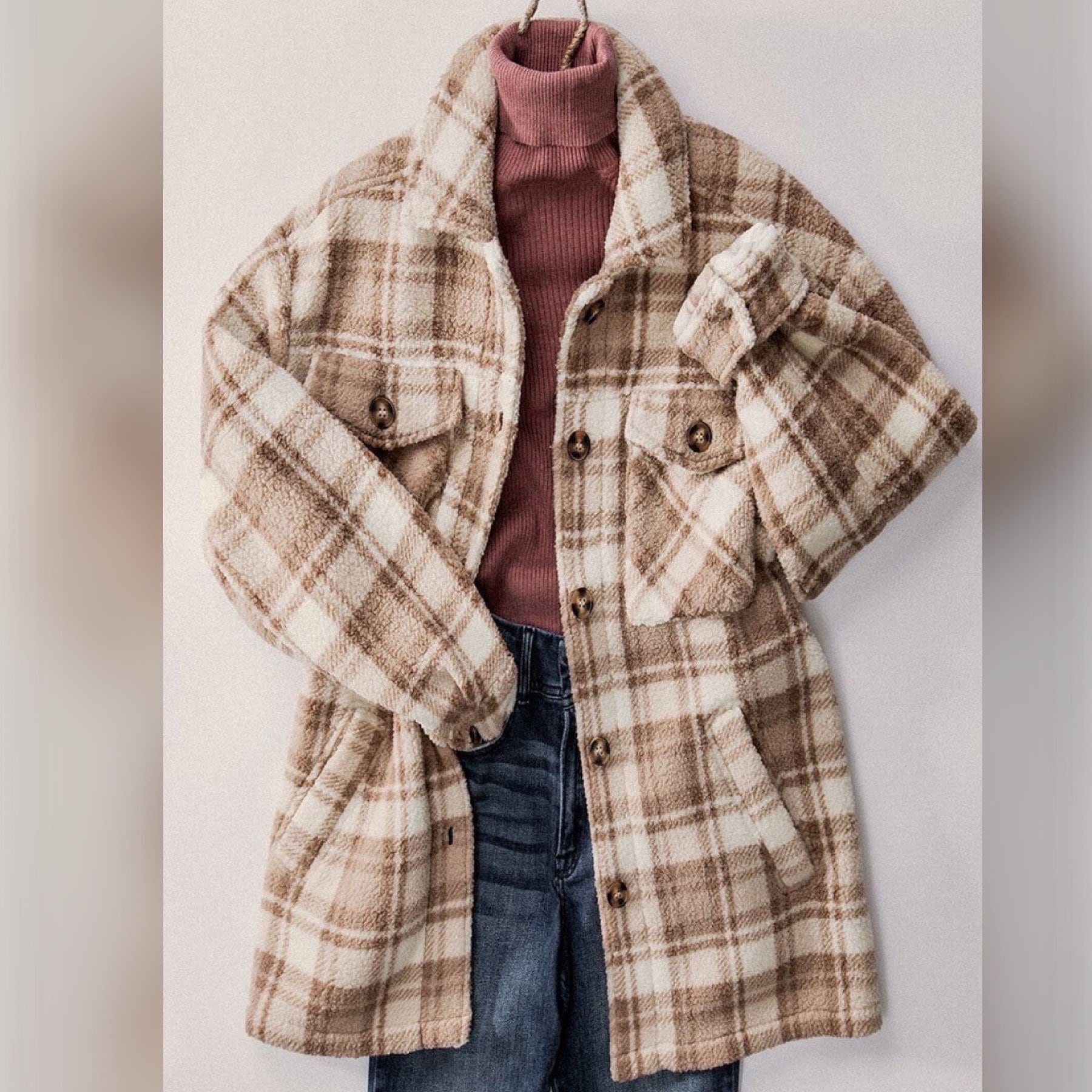 Plaid Sherpa Boyfriend Shacket With Pockets. Cozy Chic Soft Warm. Long Oversized Fit, Layering Lumber Jacket Coat Girlfriend Gift For Her