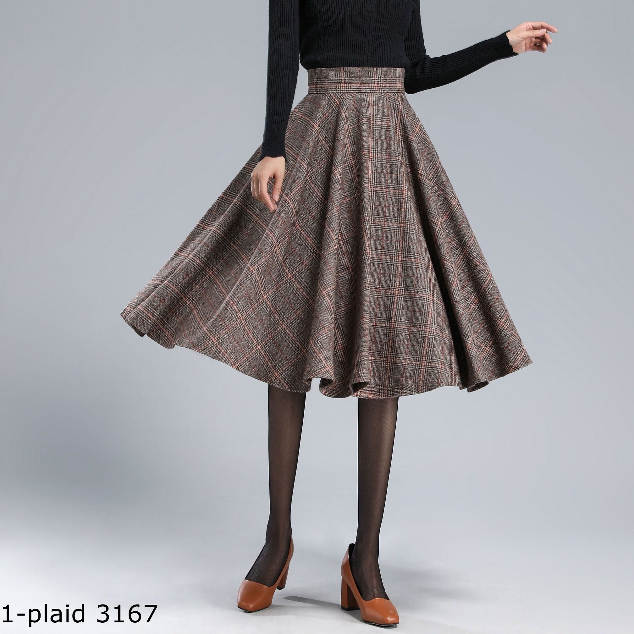 Plaid Wool Skirt Women, Tartan Circle Skirt, High Waist Flared Winter Autumn With Pockets, Swing 3167#