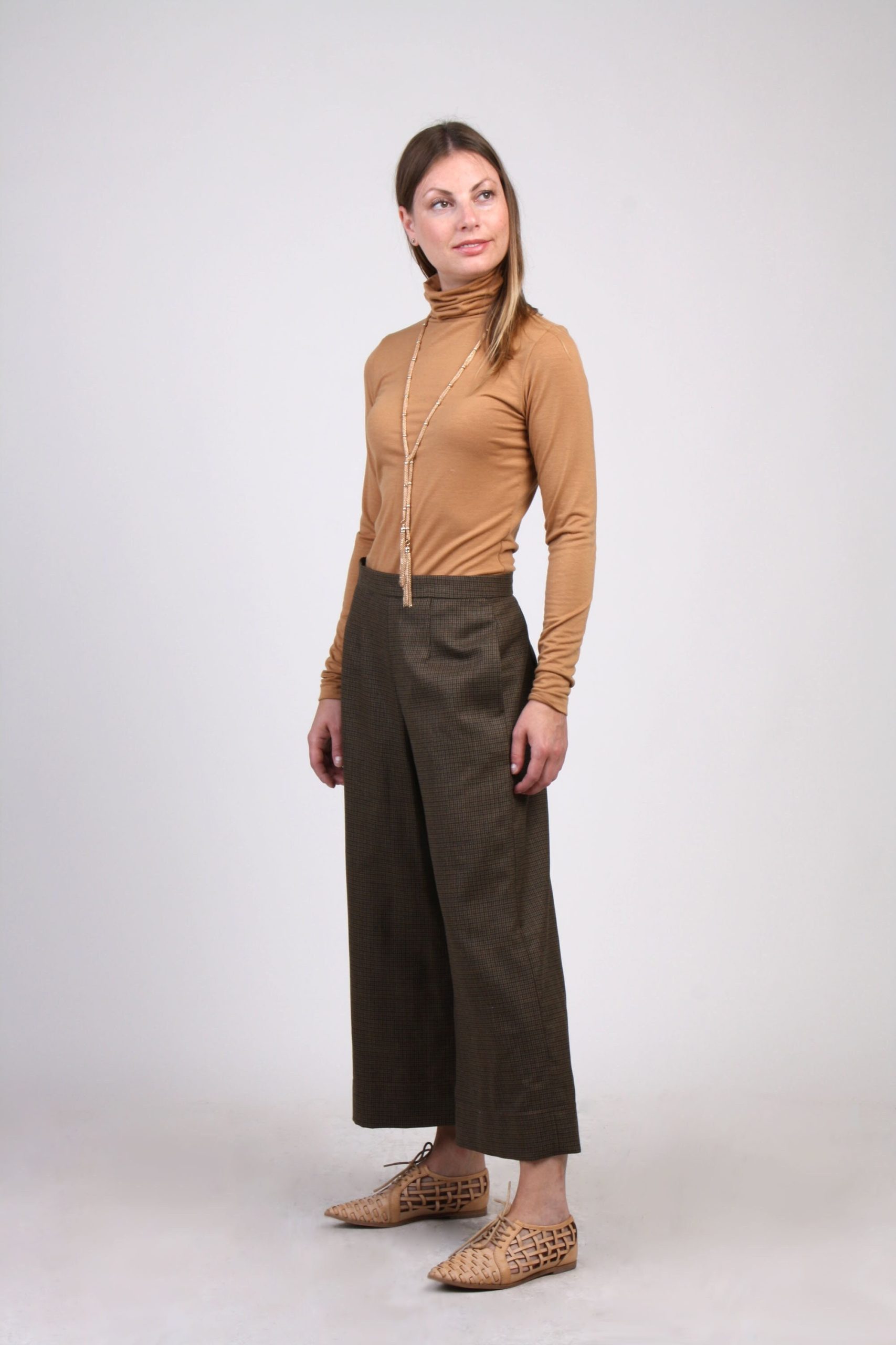 Plaid Wool Wide Leg Crop Pants With Pocket, Bottom Pants, Winter Trouser, Brown Flare Palazzo Office Suit