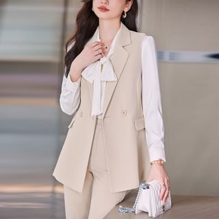 Plain Double-Breasted Vest / Tie-Neck Shirt / High Waist Cropped Skinny Suit Pants / Set