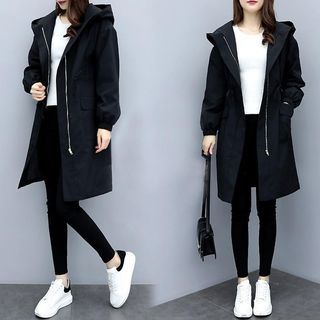 Plain Hooded Long Zip-Up Windbreaker