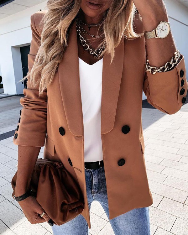 Plain Long Sleeve Double Breasted Chocolate Blazer Coat