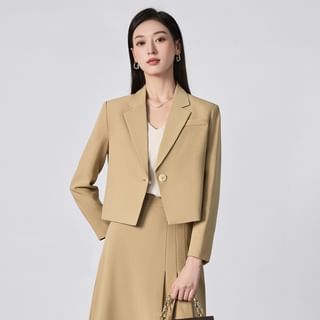 Plain Single-Button Blazer / High Waist Asymmetrical Pleated Midi A-Line Skirt