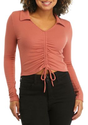 Planet Gold Juniors' Long Sleeve Collared Ruched Rib Knit Top, Large