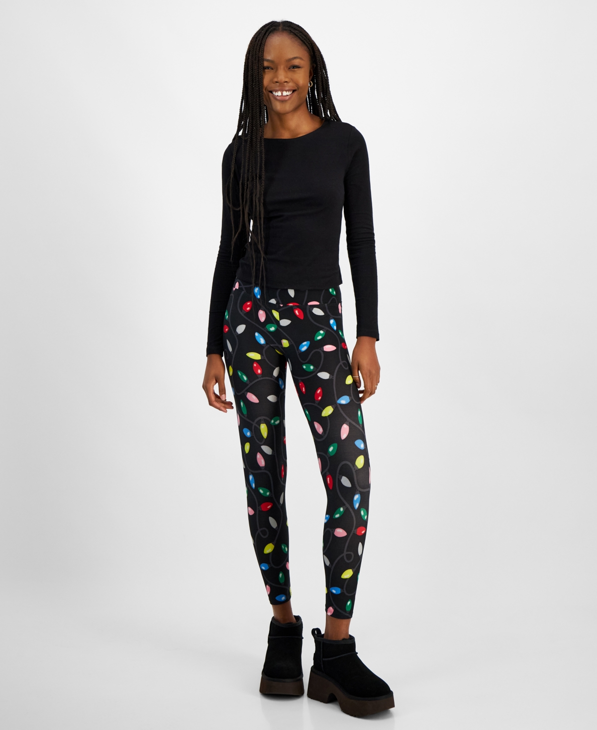 Planet Heart Juniors' High-Rise Holiday-Graphic Leggings - Glitter Lightbulb