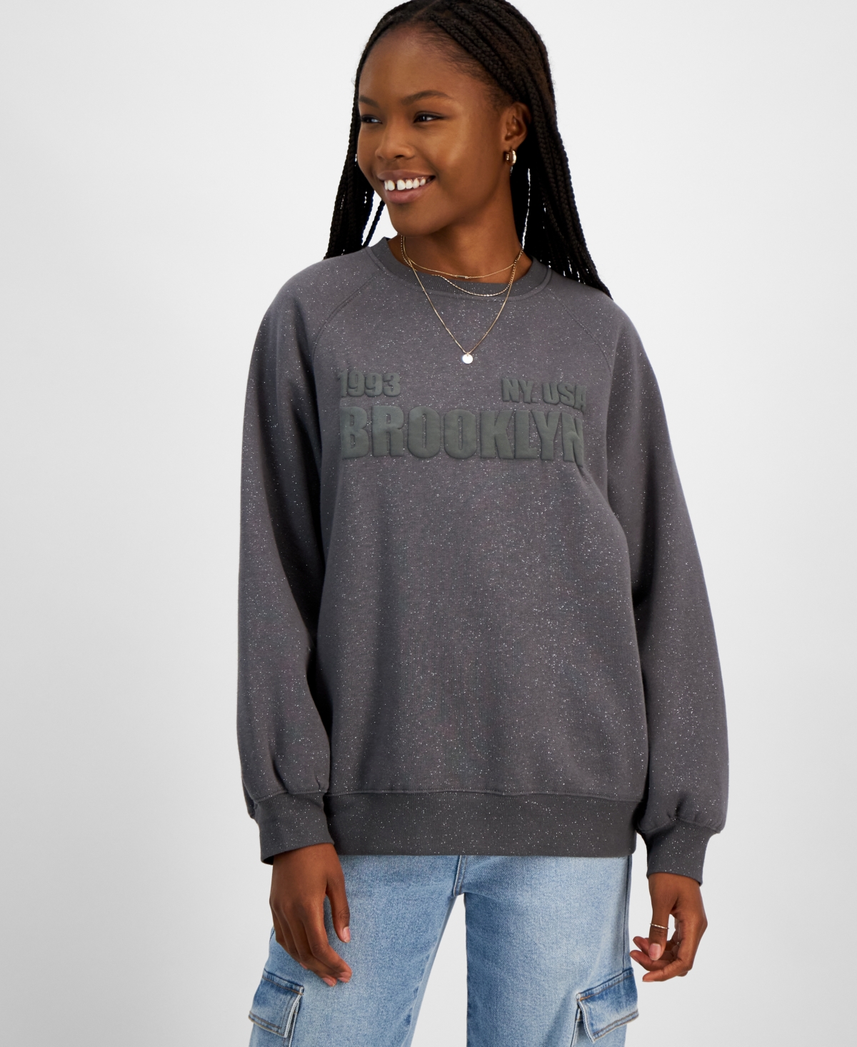 Planet Heart Women's Embossed Graphic Glitter-Finish Sweatshirt - Granite