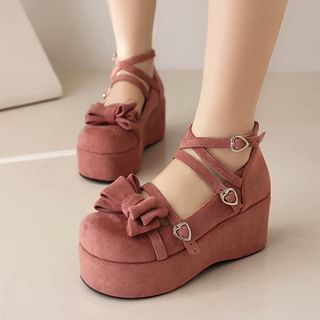 Platform Bow Ankle Strap Faux Suede Wedge Pumps