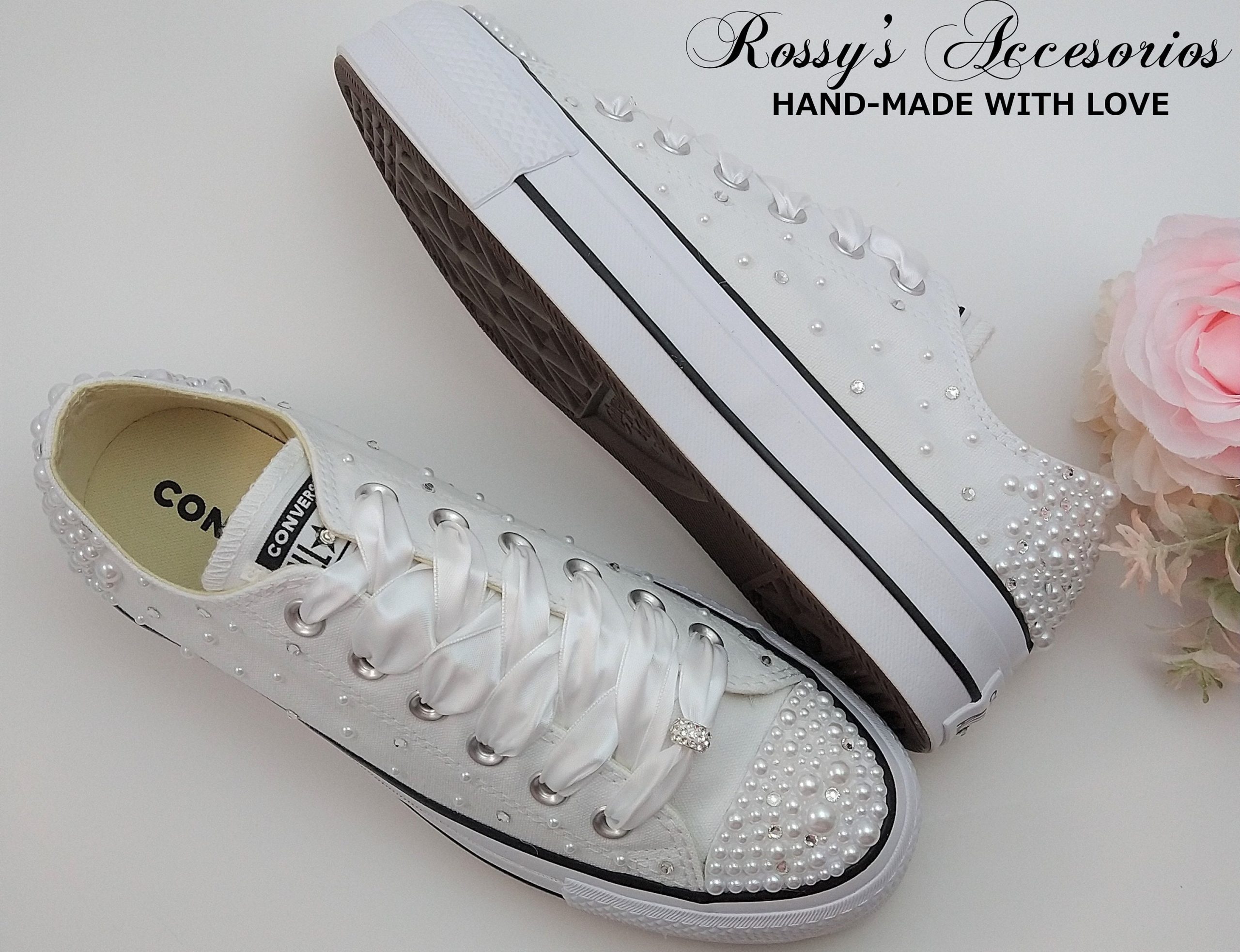 Platform Pearls Crystal Wedding Converse For Bride/White Shoes Custom Bling