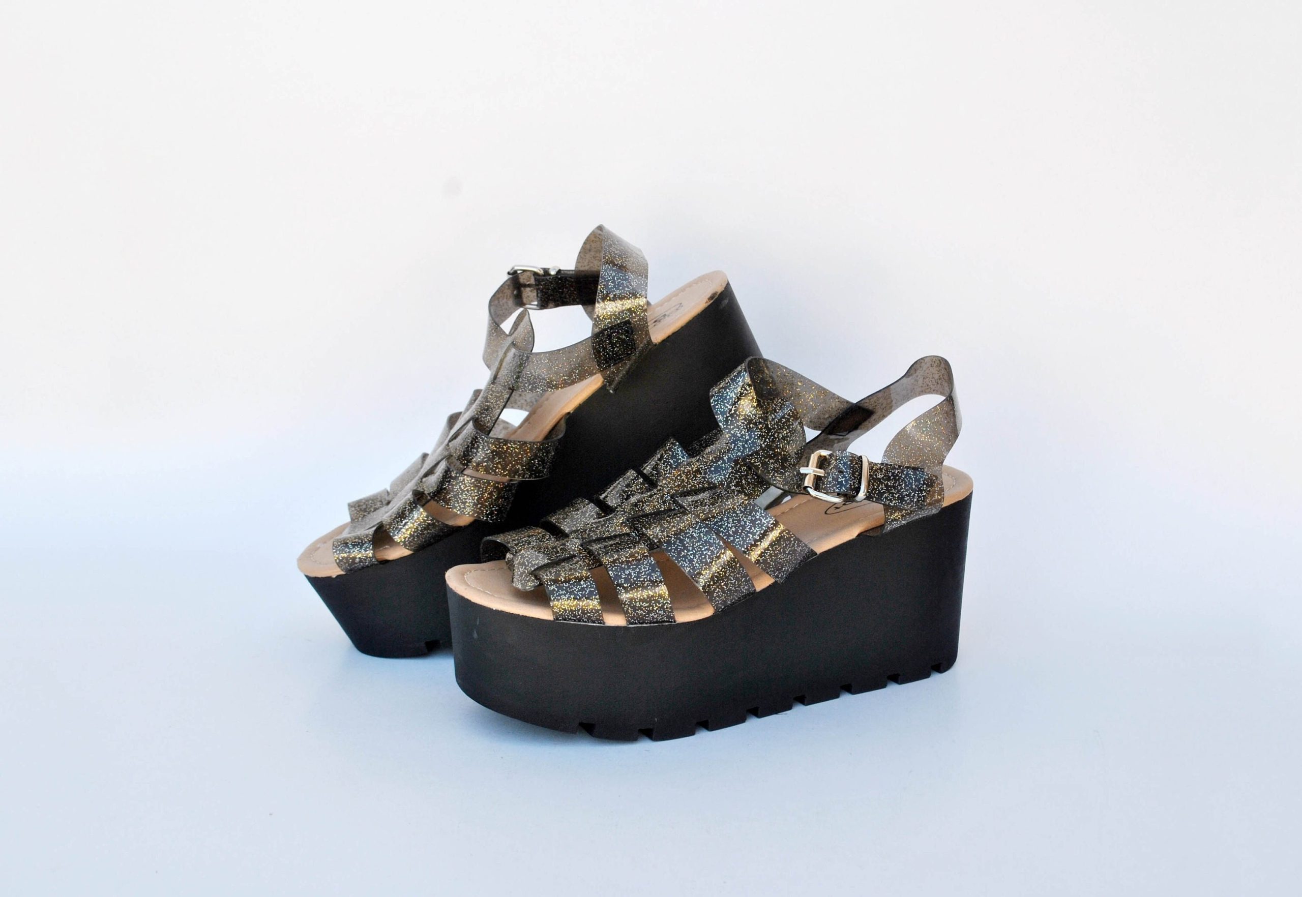 Platform Sandals With Straps 90S Vintage Slip On Womens Glitter Black Shoes Summer Size Eu 39 Us 8 Uk 6