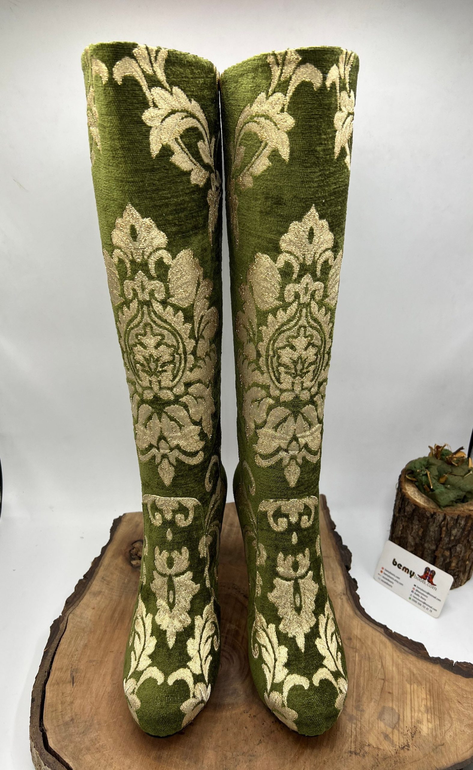 Platform Style Custom Made Women's Boots, Green Tapestry Genuine Leather, Stiletto Heels, Suzani Knee High, To Order, For Her